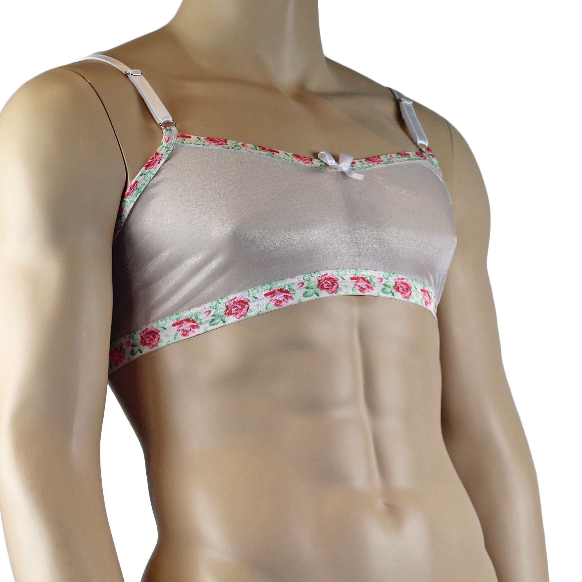 Mens Crystal Rose Sheer Stretch Glissenette Bra Top with Flower Trim White