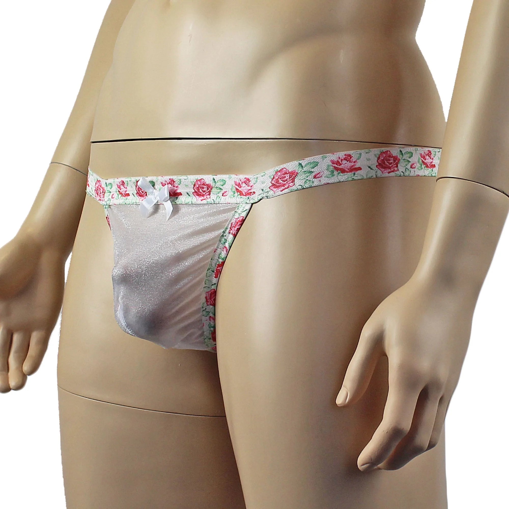 SALE - Mens Crystal Rose Sheer Stretch Glissenette G string with Flower Trim White
