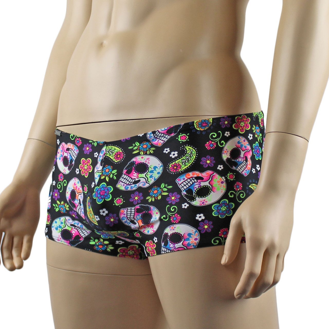 Mens Halloween Flower and Skull Boxer Briefs Hot Pants Mini Shorts