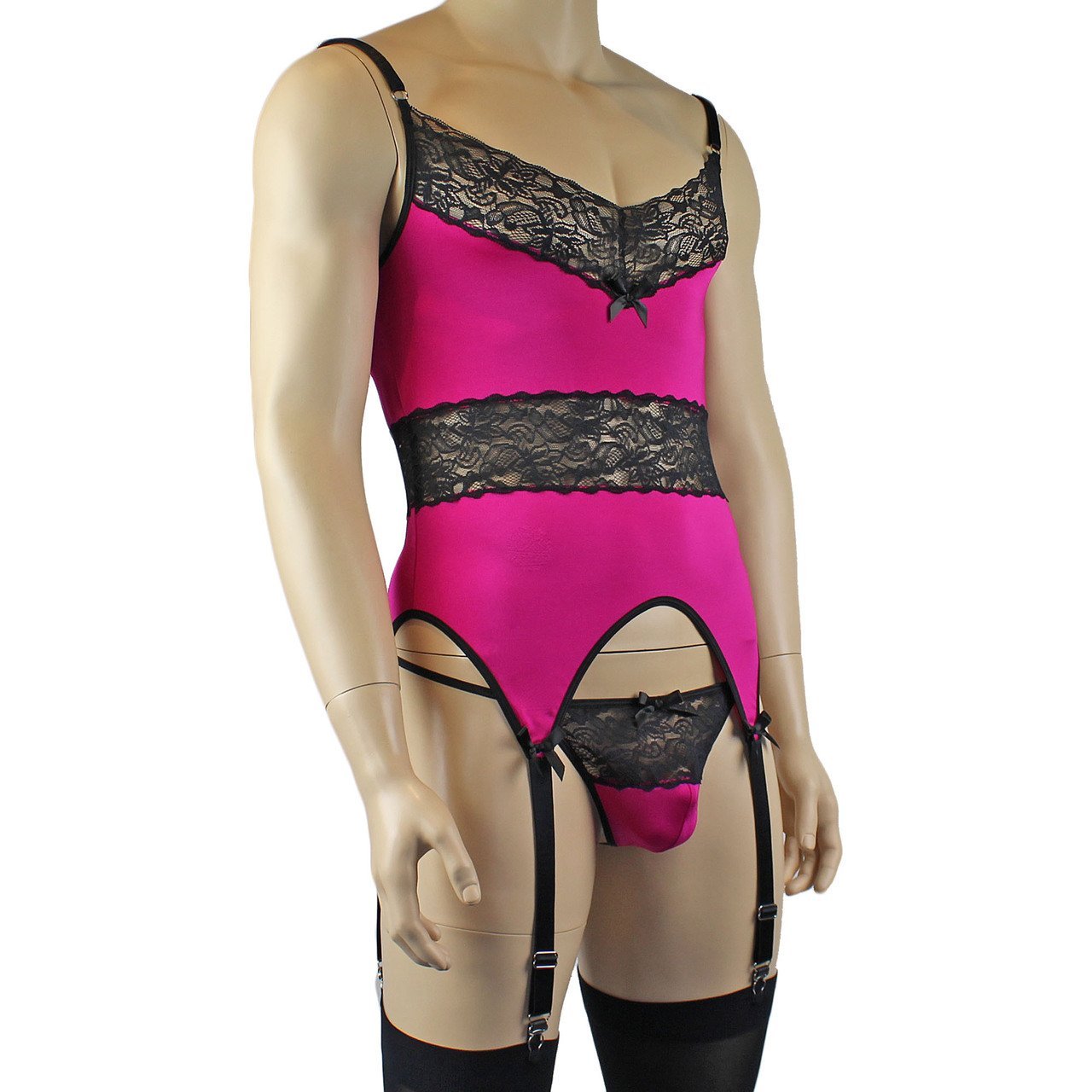 Mens Glamour Lycra & Lace Corset Top, G string & Stockings (raspberry plus other colours)