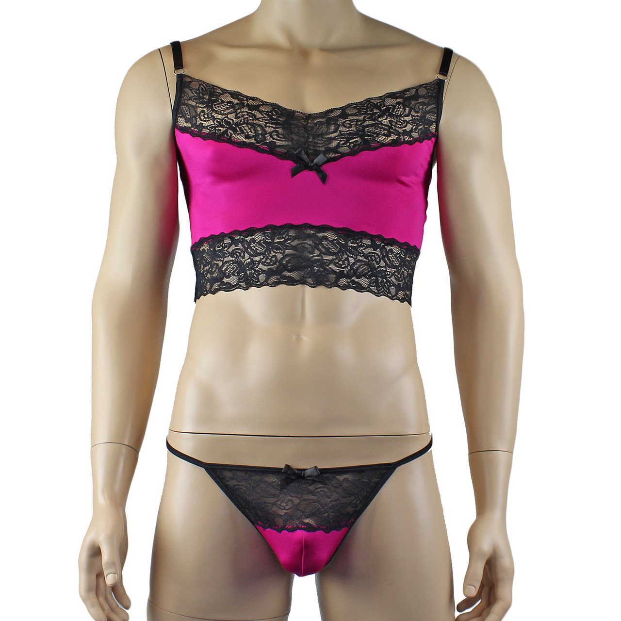 Mens Glamour Camisole Top and Pouch G string with Lace Trim - Sizes up to 3XL (raspberry & black plus other colours)