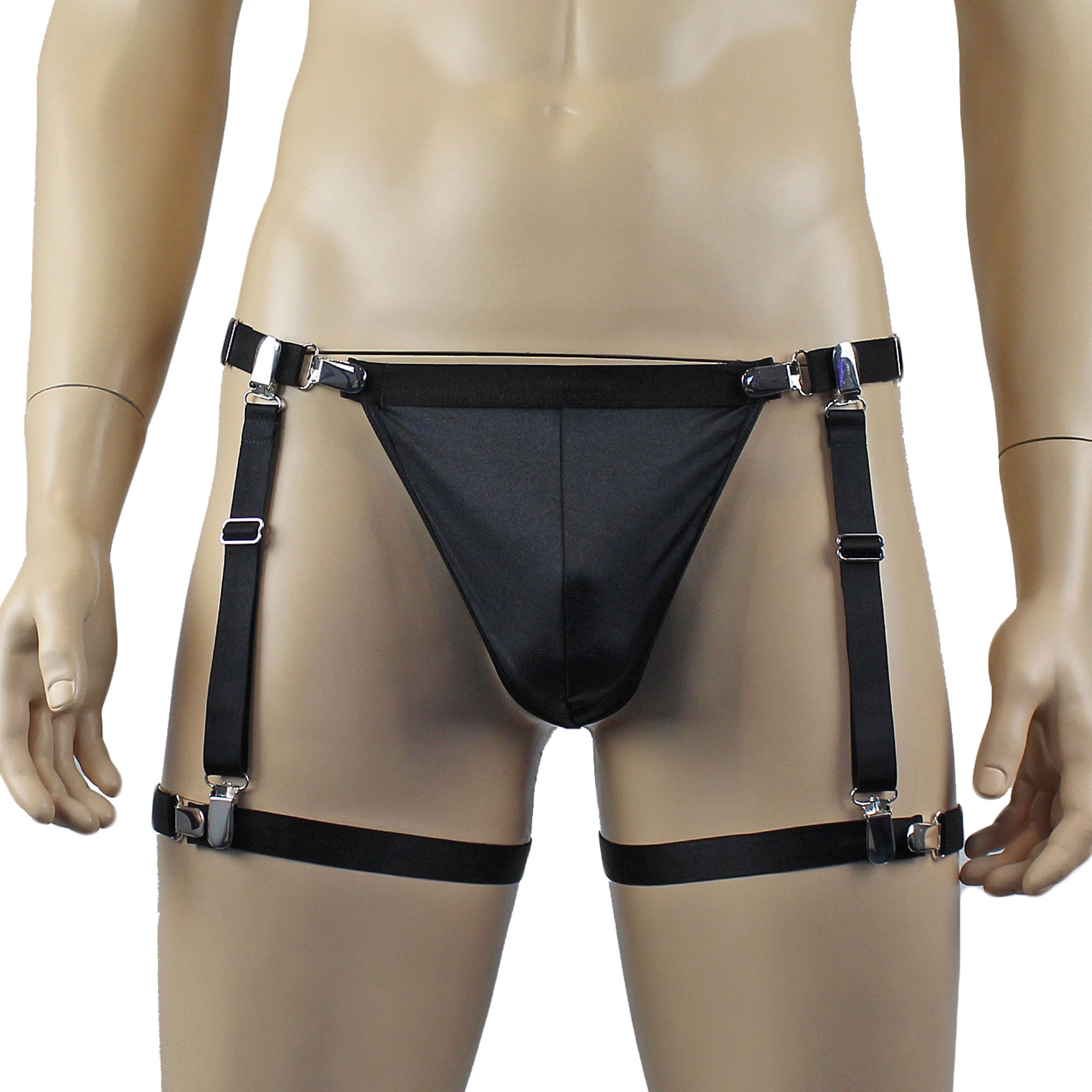 Mens Janice Thong with Adjustable Silver Clip Sides, Detachable Garters & Leg Bands Black