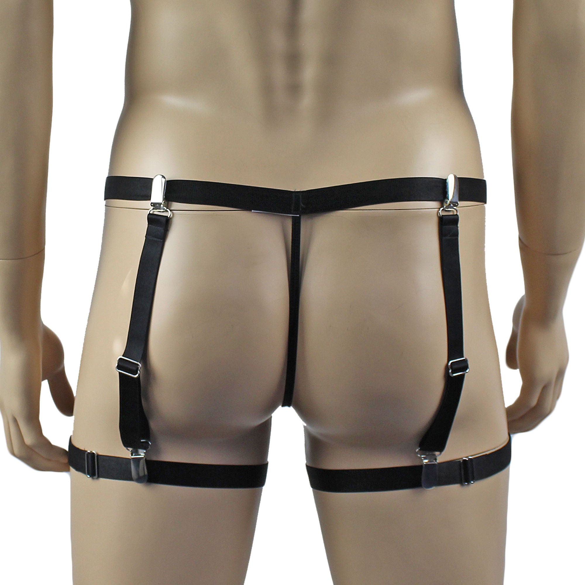 Mens Janice Thong with Adjustable Silver Clip Sides, Detachable Garters & Leg Bands Black