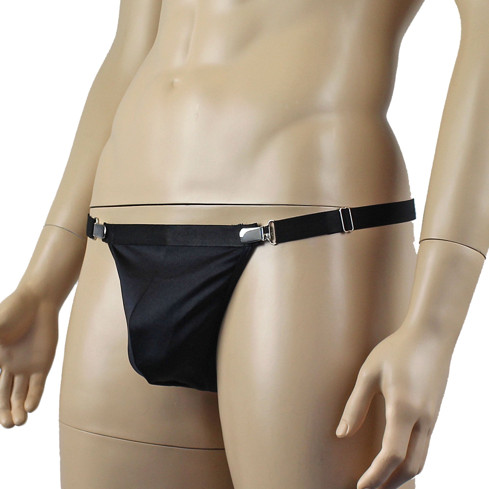 Mens Janice Thong with Adjustable Silver Clip Sides, Detachable Garters & Leg Bands Black