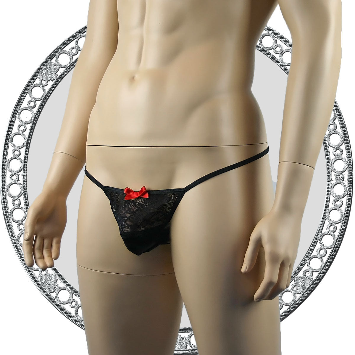 Mens Lacey G string with Bow Black