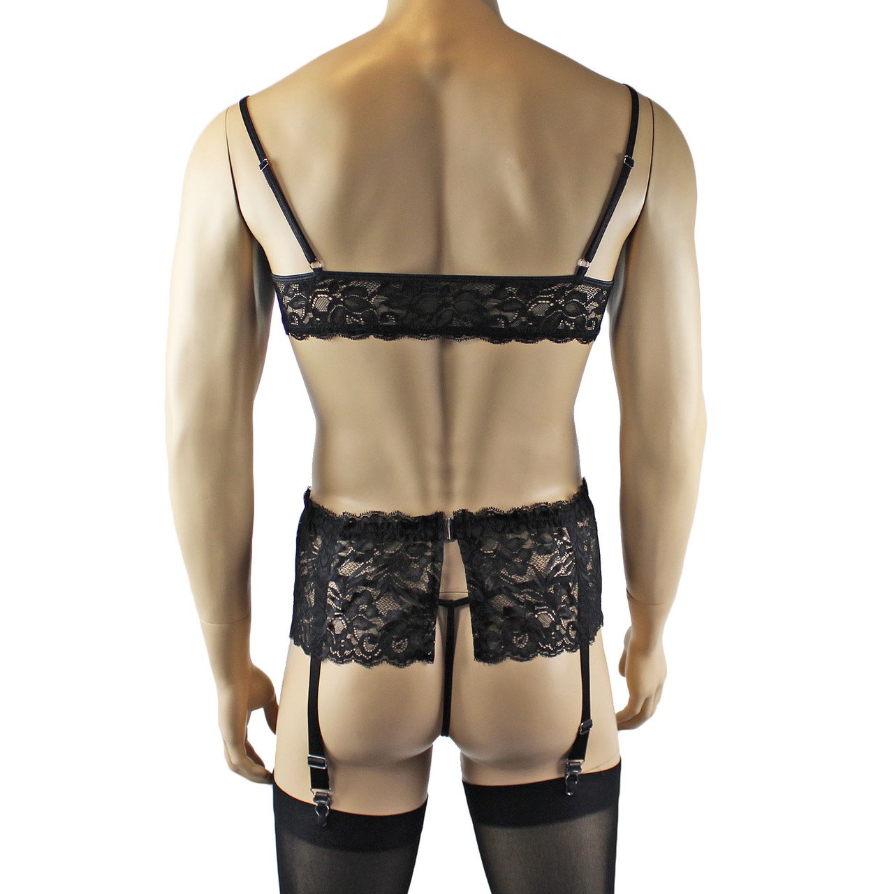 Mens Sexy Lace Bra, Pouch G string, Garterbelt & Stockings (black plus other colours)