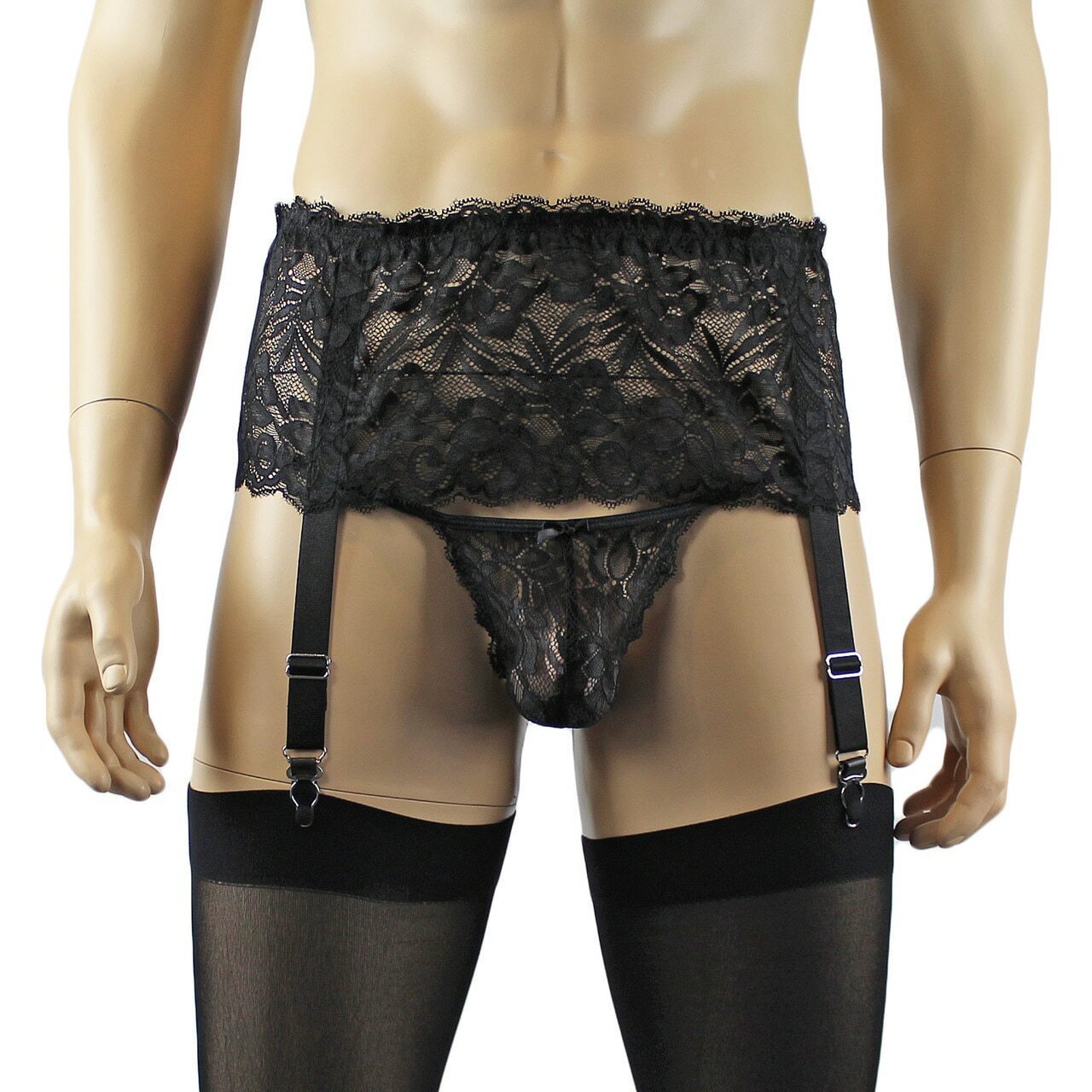 Mens Sexy Lace Pouch G string, Garterbelt & Stockings (black plus other colours)