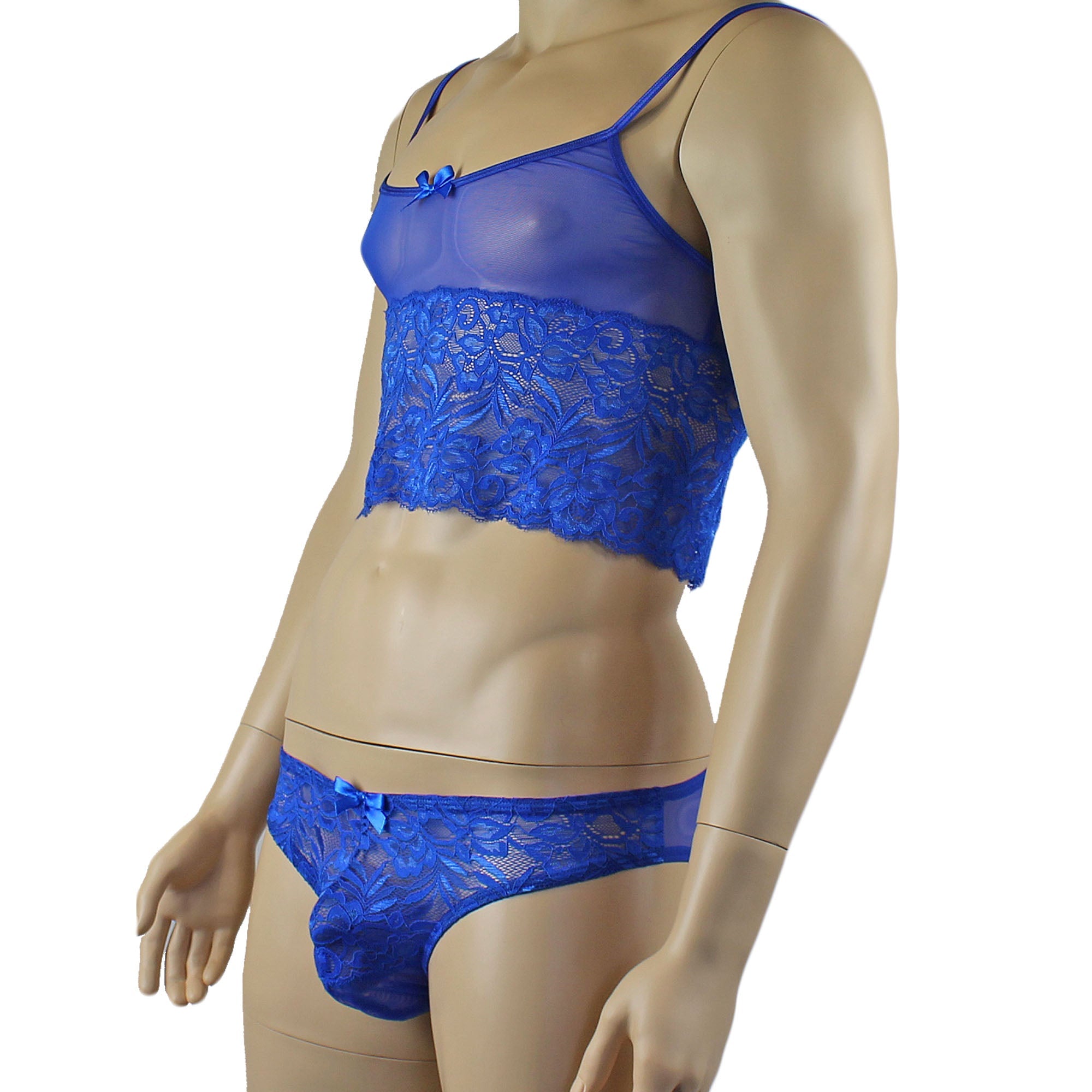 Mens Kristy Sexy Lace Camisole Bra Top and Bikini Brief Blue