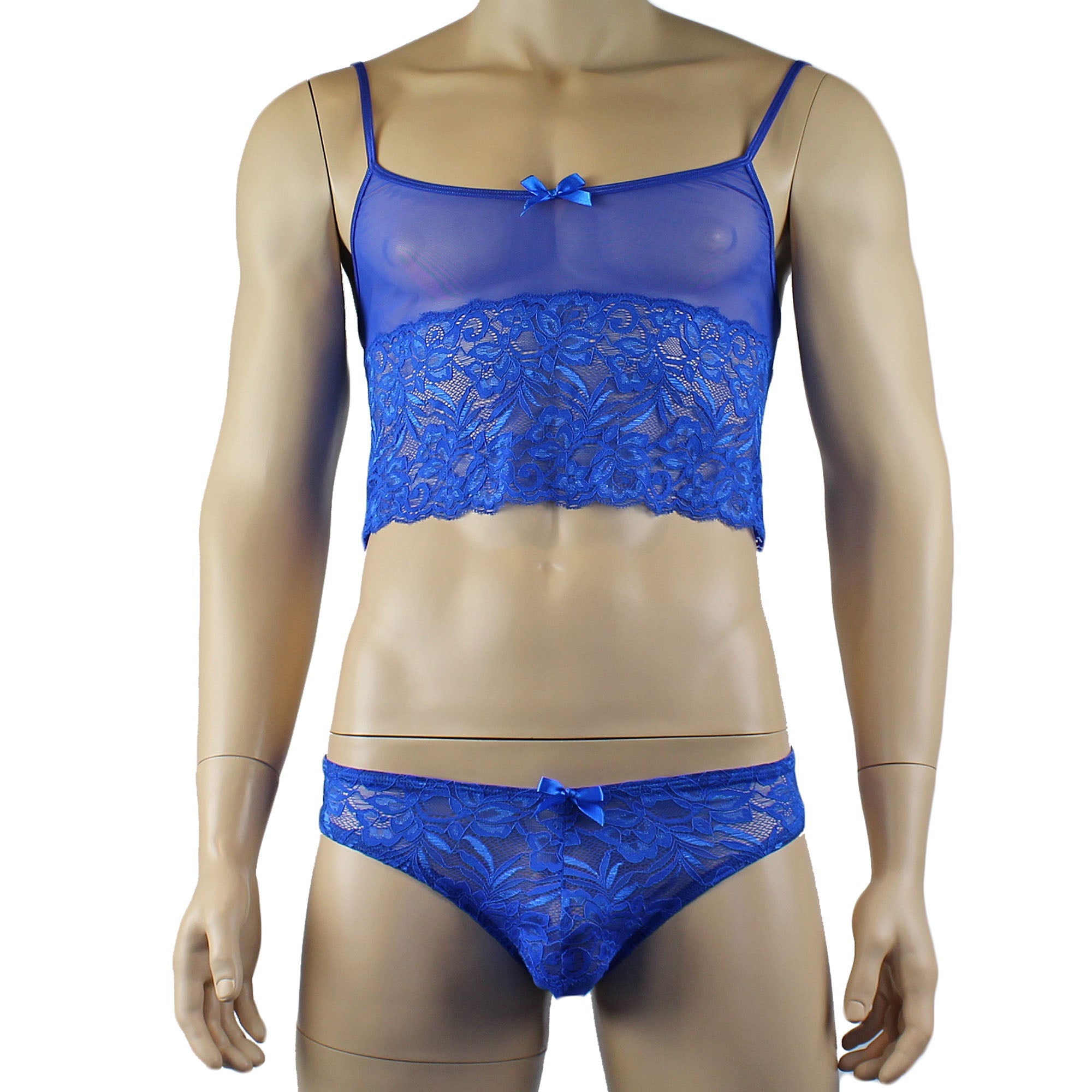 Mens Kristy Sexy Lace Camisole Bra Top and Bikini Brief Blue