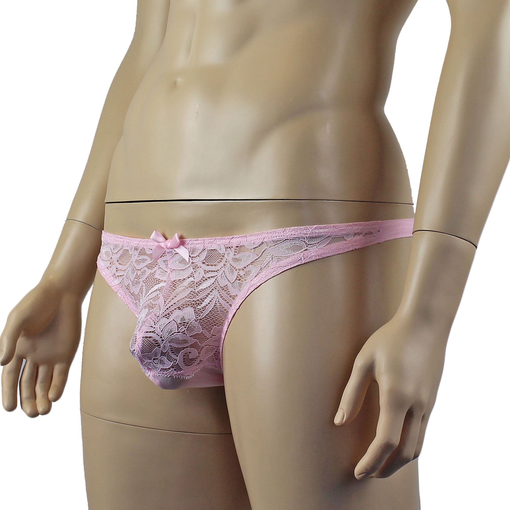 Mens Kristy Sexy Lace Thong Panties with Stretch Mesh Back Light Pink