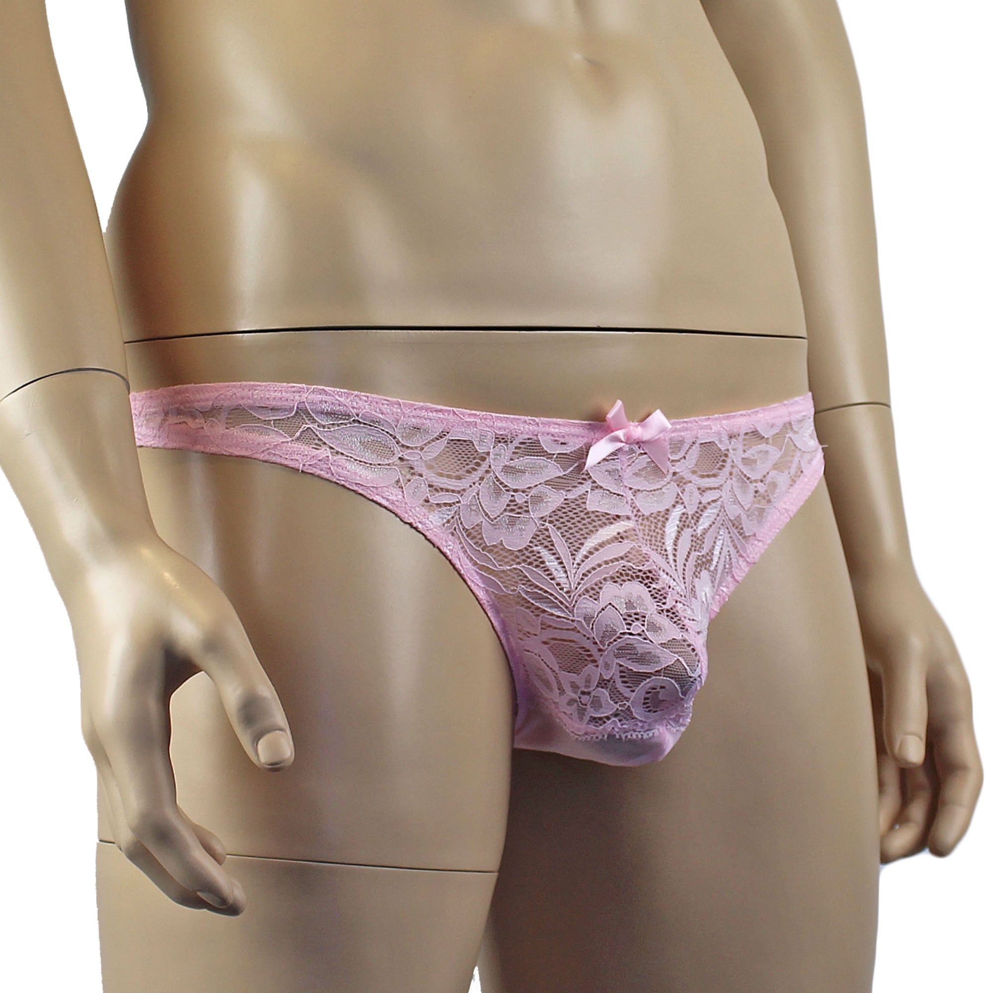 Mens Kristy Sexy Lace Thong Panties with Stretch Mesh Back Light Pink