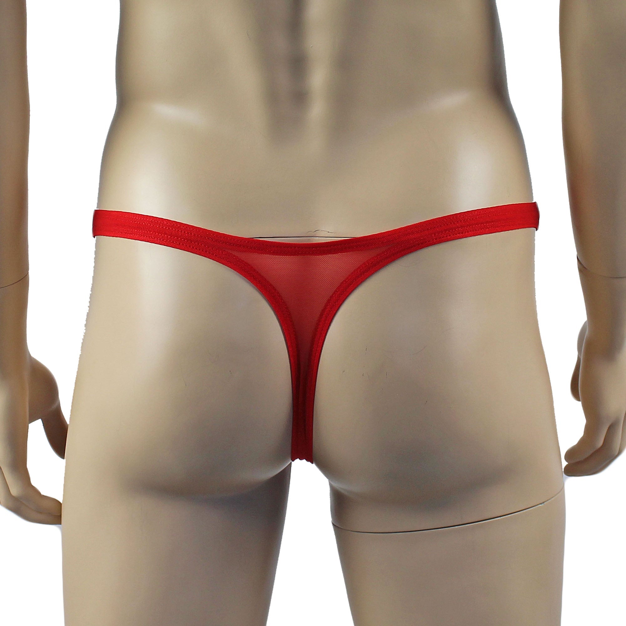 Mens Kristy Sexy Lace Thong Panties with Stretch Mesh Back Red