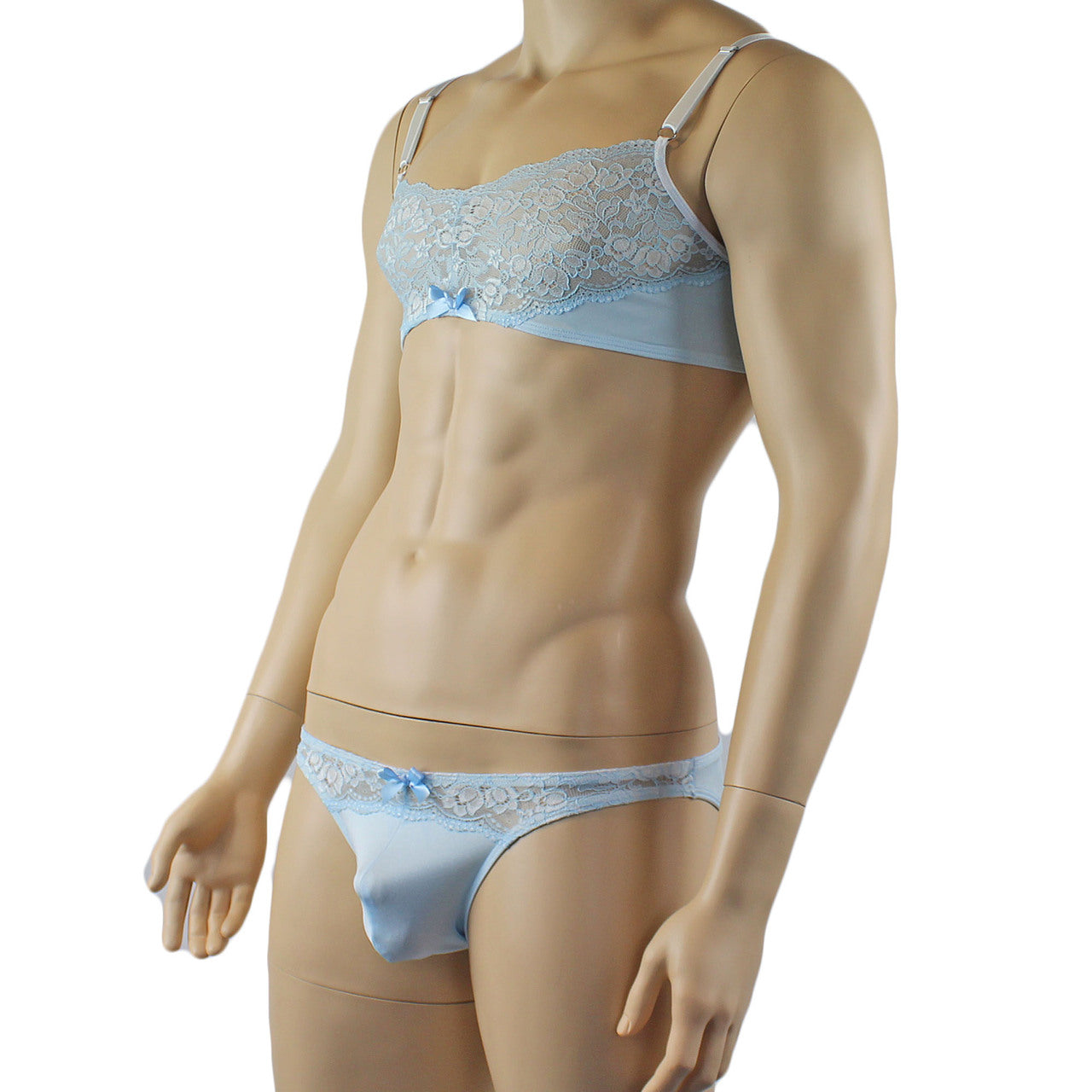 Mens Luxury Spandex & Lace Bra Top and Bikini Brief (light blue plus other colours)