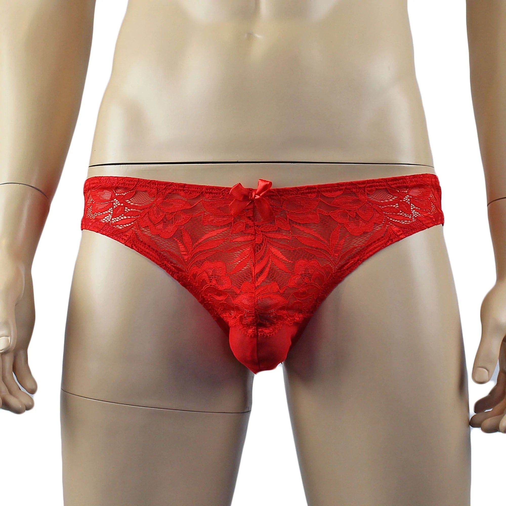 SALE - Mens Kristy Sexy Lace Bikini Brief Panties with See through Back Red