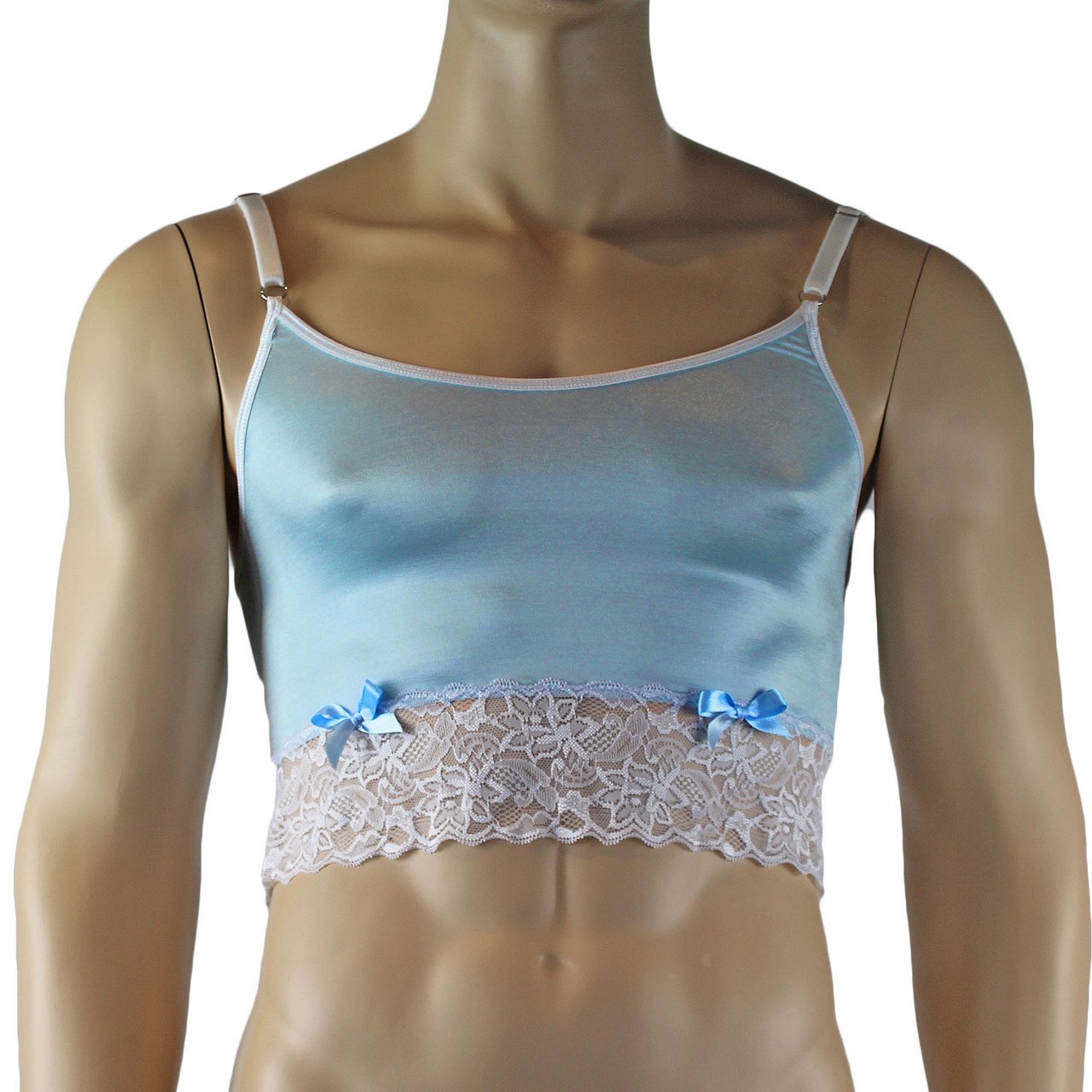 Mens Satin & Lace Crop Cami Top with Sexy Thong (light blue plus other colours)