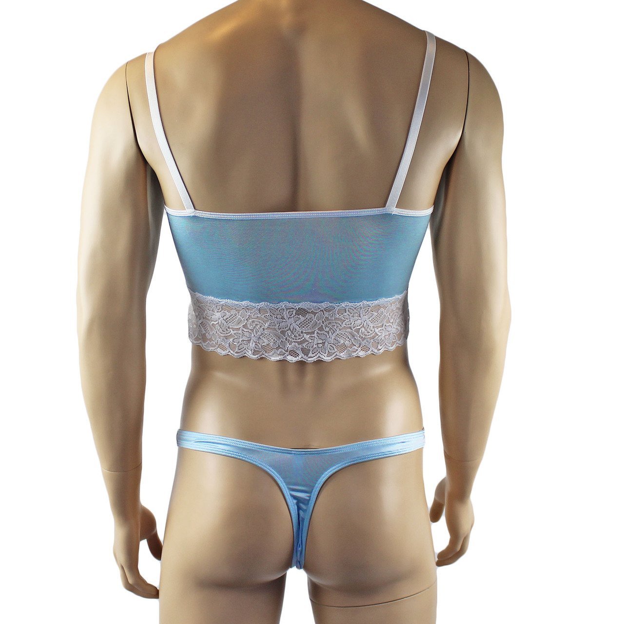 Mens Satin & Lace Crop Cami Top with Sexy Thong (light blue plus other colours)