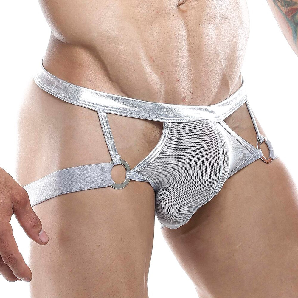 SALE - Mens Mesh and Metallic Jockstrap with Rings Grey