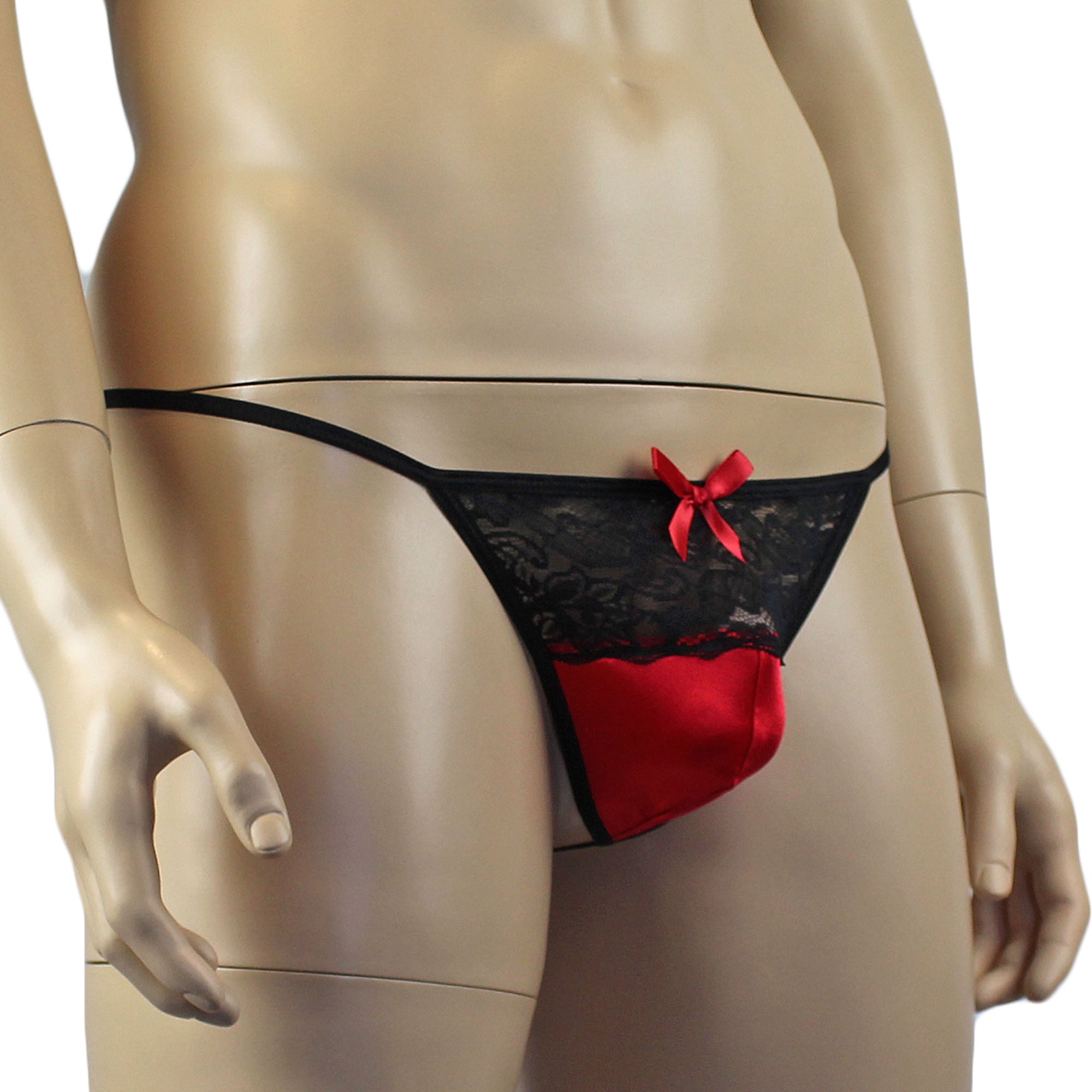 Mens Joanne Lacey G string with Bow Red and Black Lace