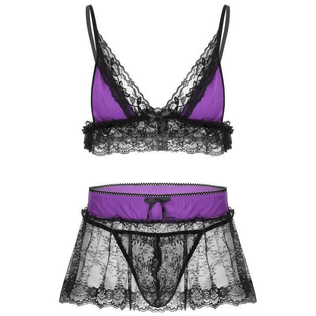 Sissy Lingerie Men Sleepwear Bra Top, G string and See-through Mini Skirt Purple