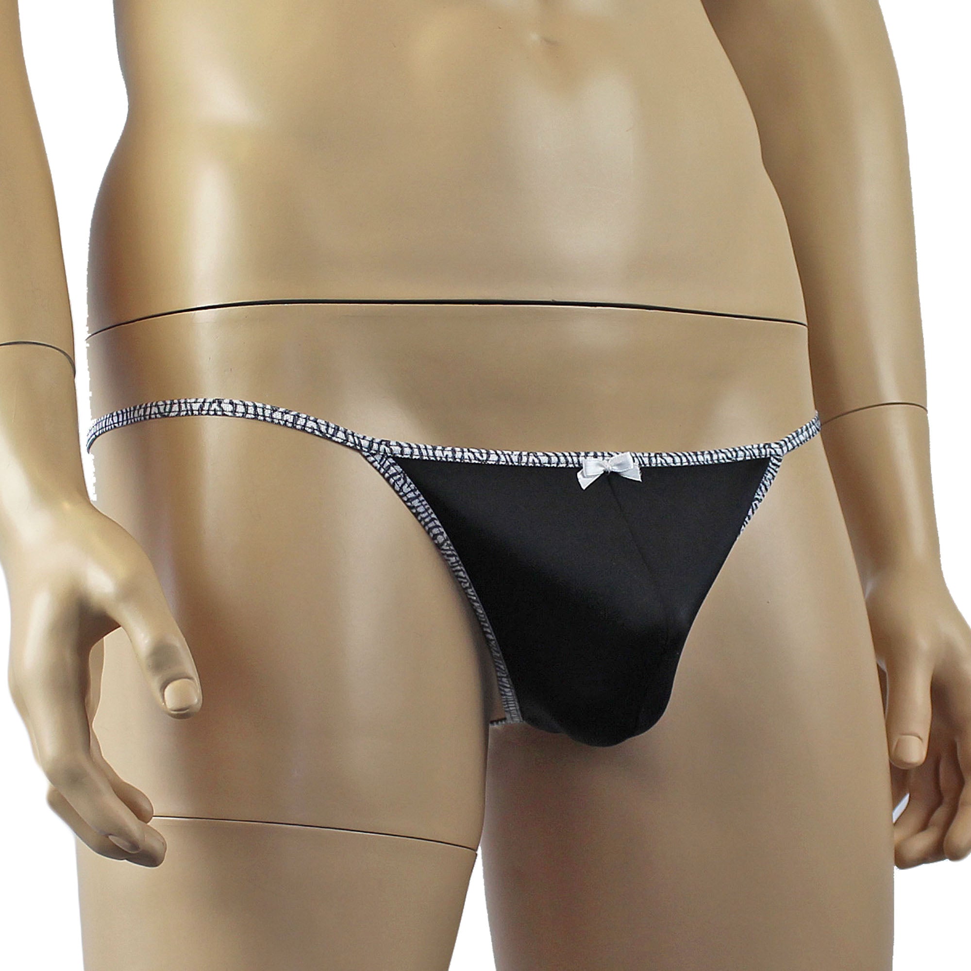 Mens Pretty Lycra G string Underwear with Zebra trim & Bow Black