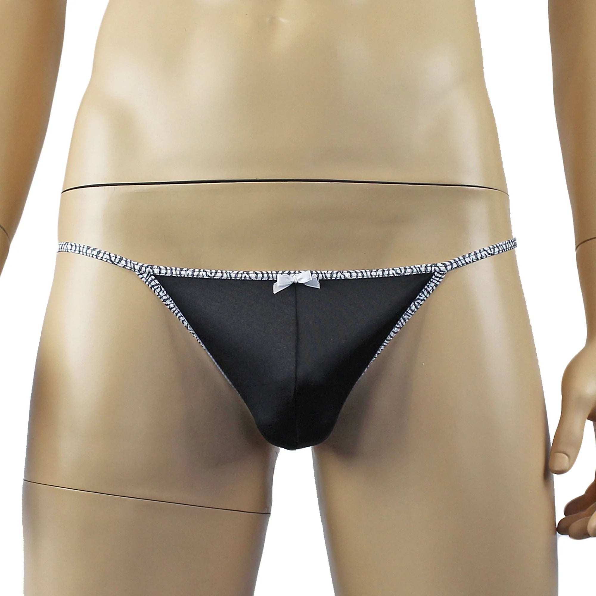 SALE - Mens Pretty Lycra G string Underwear with Zebra trim & Bow Black