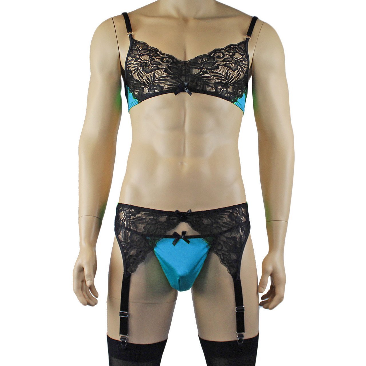 Mens Risque Bra Top, G string and Garterbelt (green and black plus other colours)