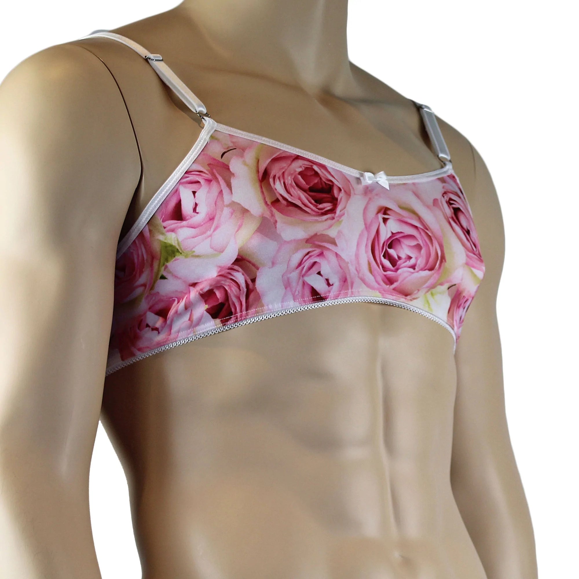 SALE - Mens Roses Spandex Bra Top with Frilled Pico Elastic Trim Male Lingerie Pink