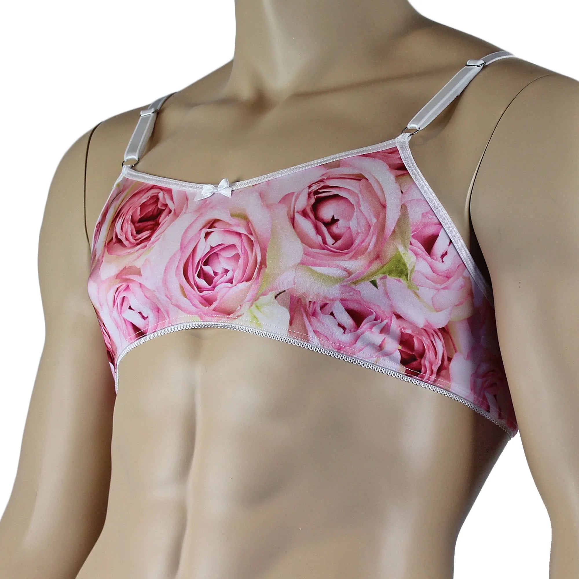 SALE - Mens Roses Spandex Bra Top with Frilled Pico Elastic Trim Male Lingerie Pink