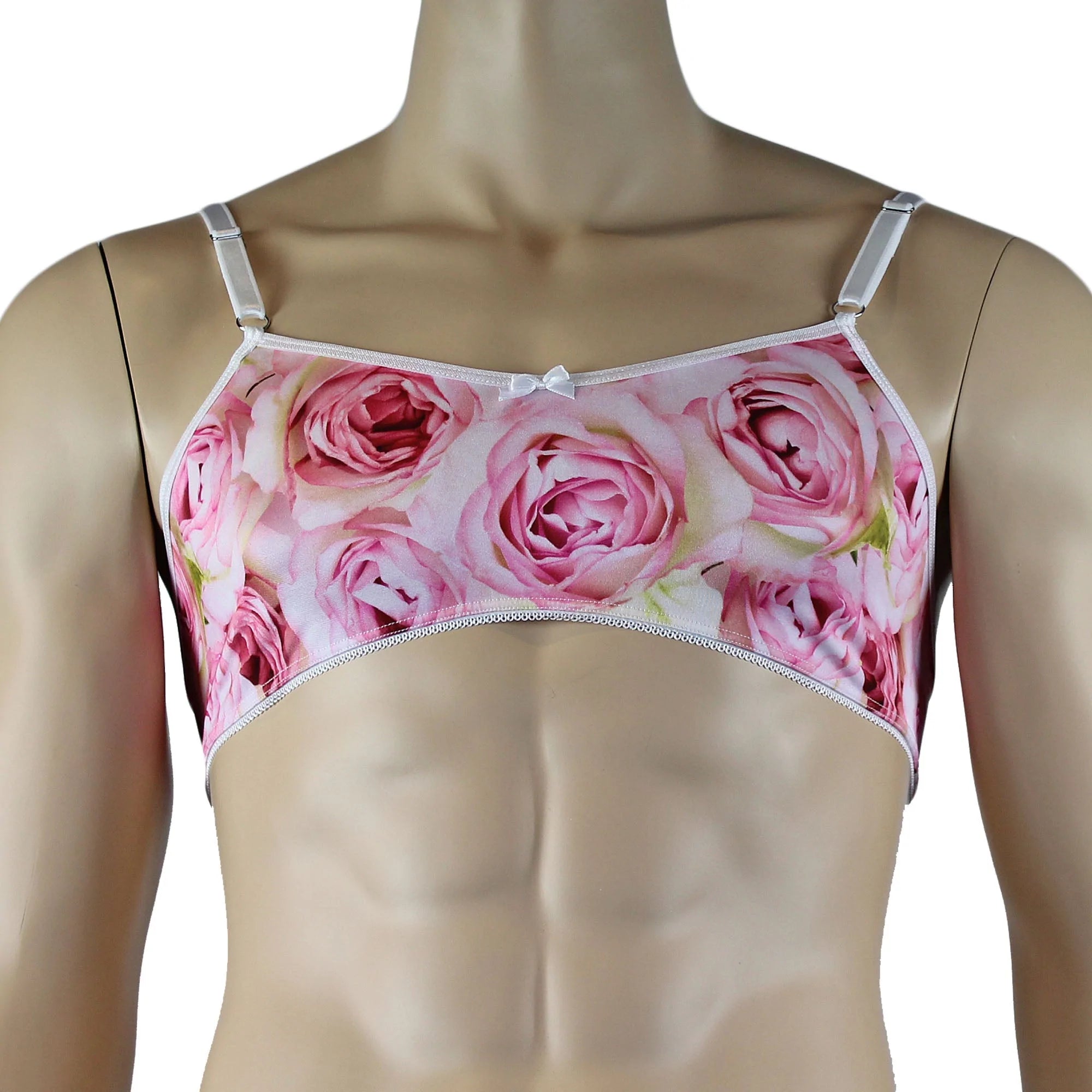 SALE - Mens Roses Spandex Bra Top with Frilled Pico Elastic Trim Male Lingerie Pink