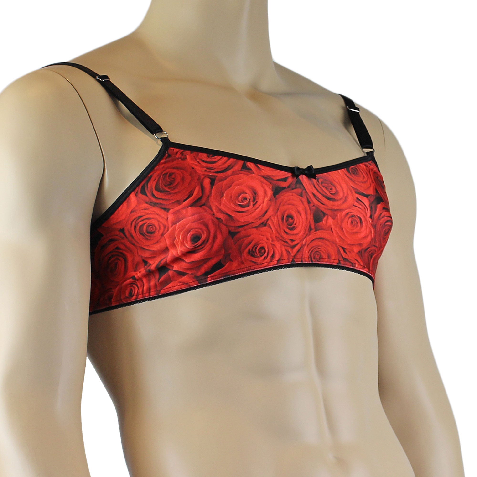 Mens Roses Spandex Bra Top with Frilled Pico Elastic Trim Male Lingerie Red