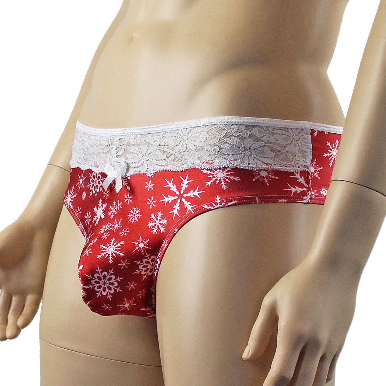 Mens Snowflake Print Spandex High Cut Thong Red and White