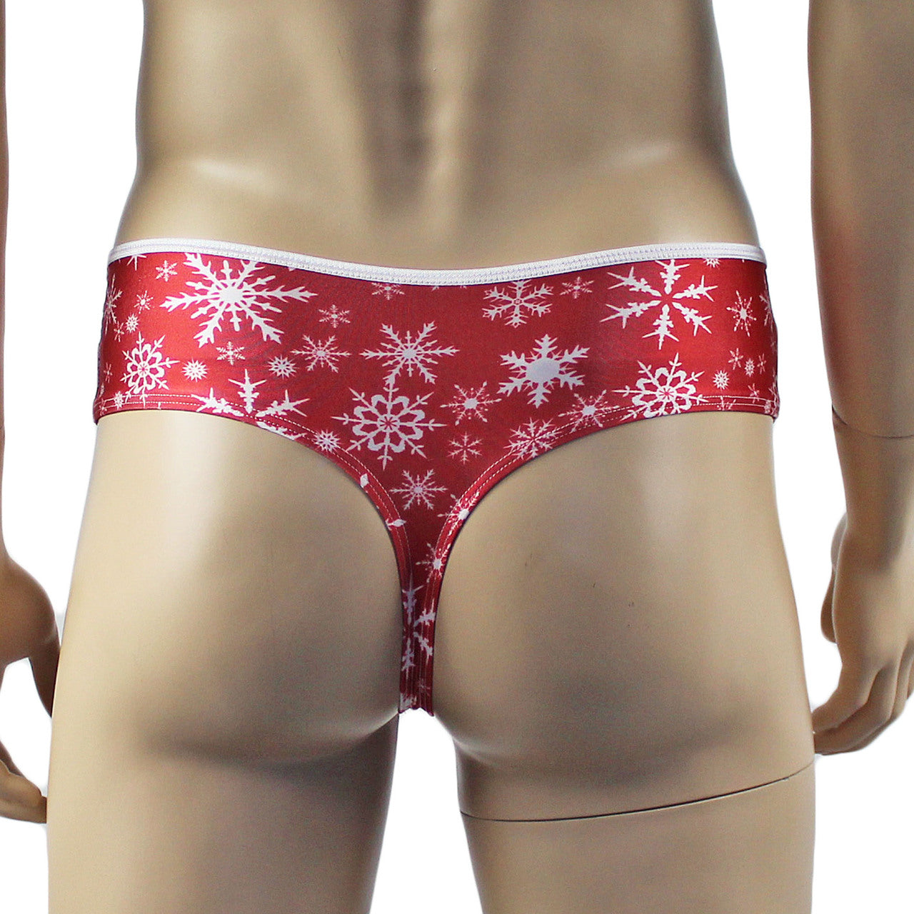 Mens Snowflake Print Spandex High Cut Thong Red and White