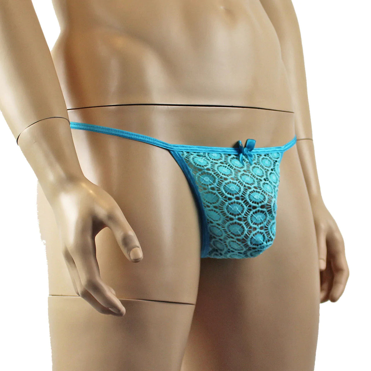 SALE - Mens Tease Circle Lace Pouch G string with Cute Bow Front Aqua