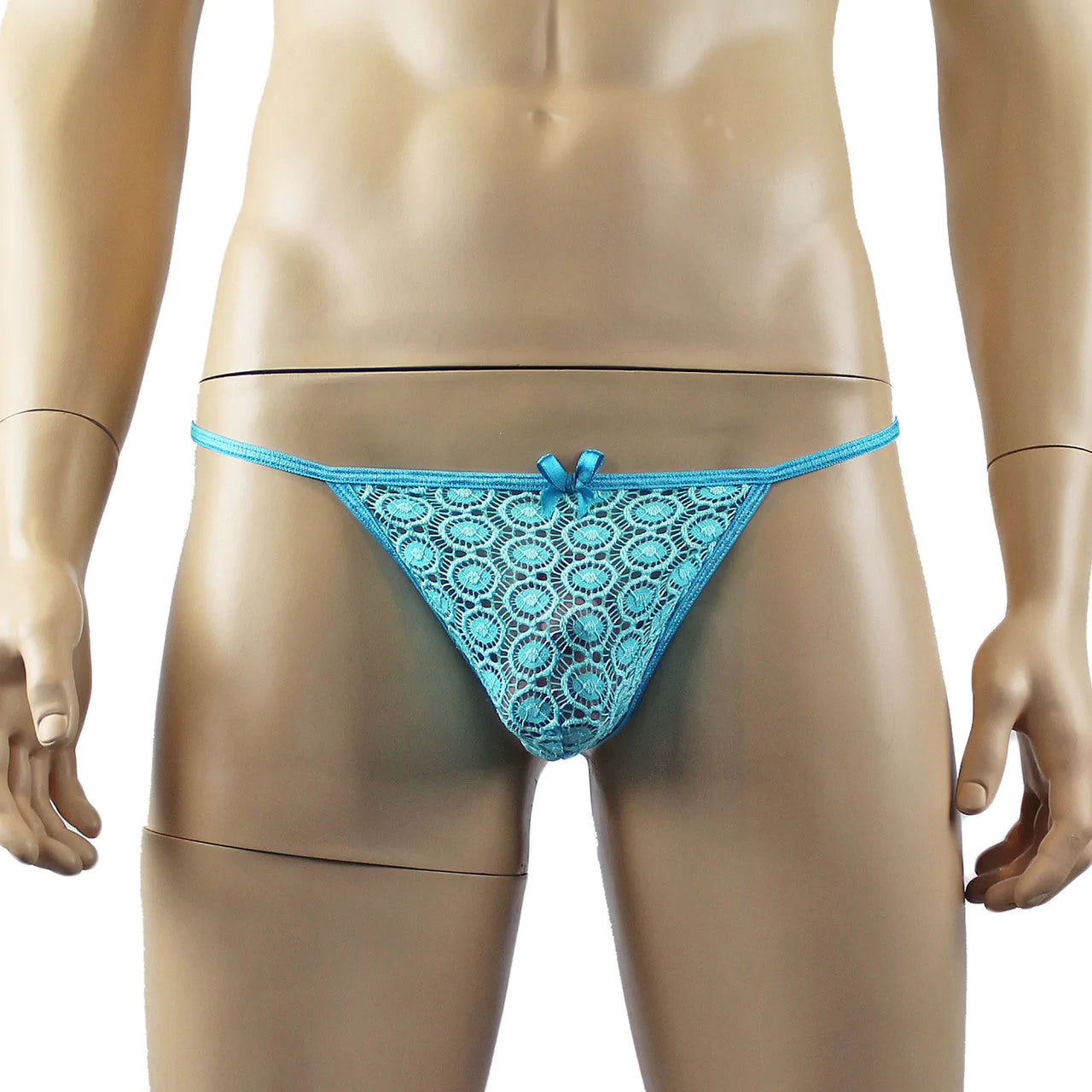 SALE - Mens Tease Circle Lace Pouch G string with Cute Bow Front Aqua