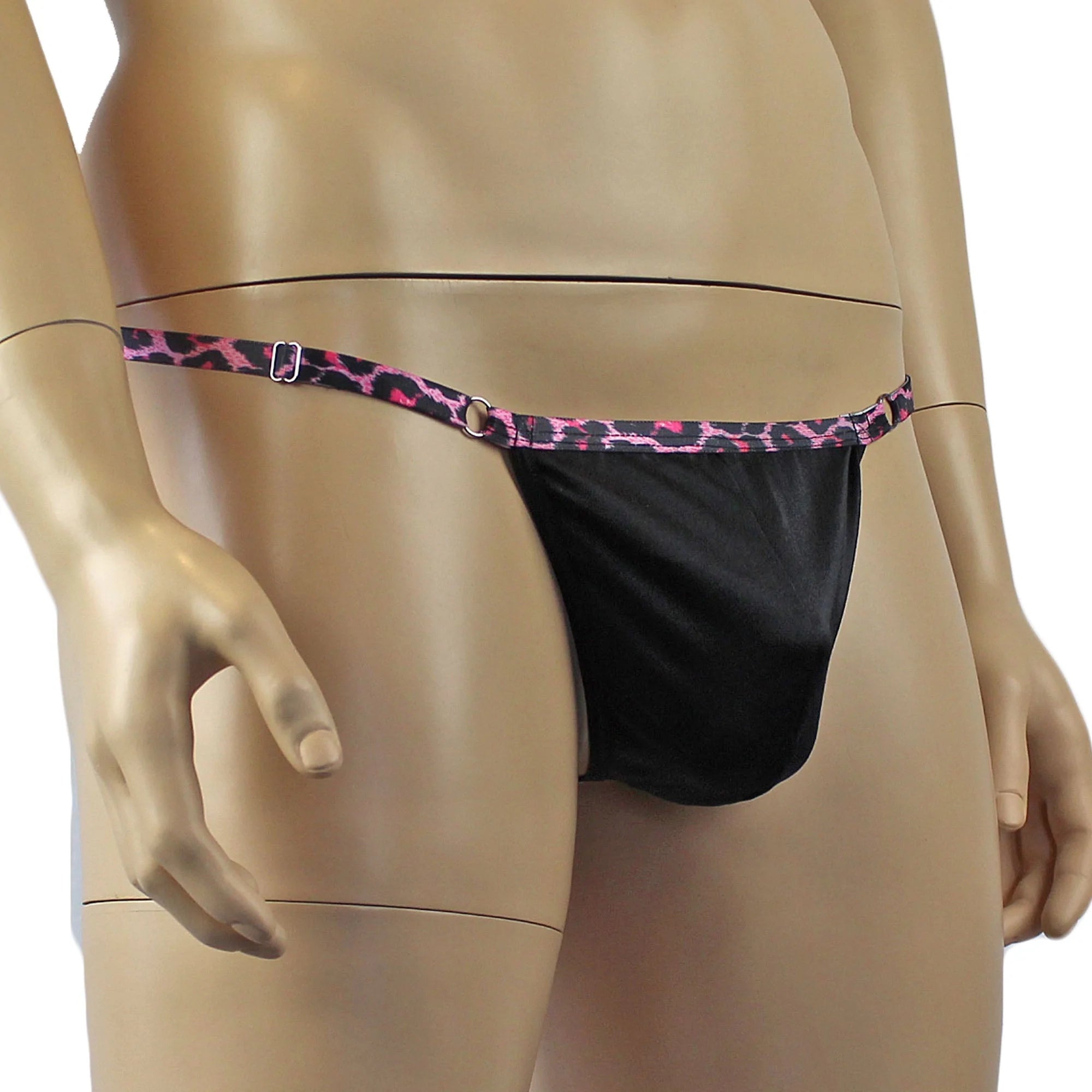 SALE - Mens Wild Black Adjustable Ball Bag Pouch G string Pink Strap