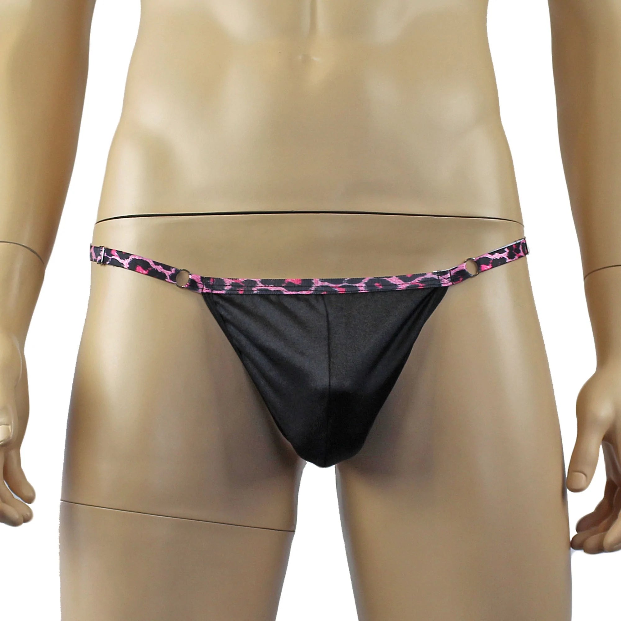 SALE - Mens Wild Black Adjustable Ball Bag Pouch G string Pink Strap