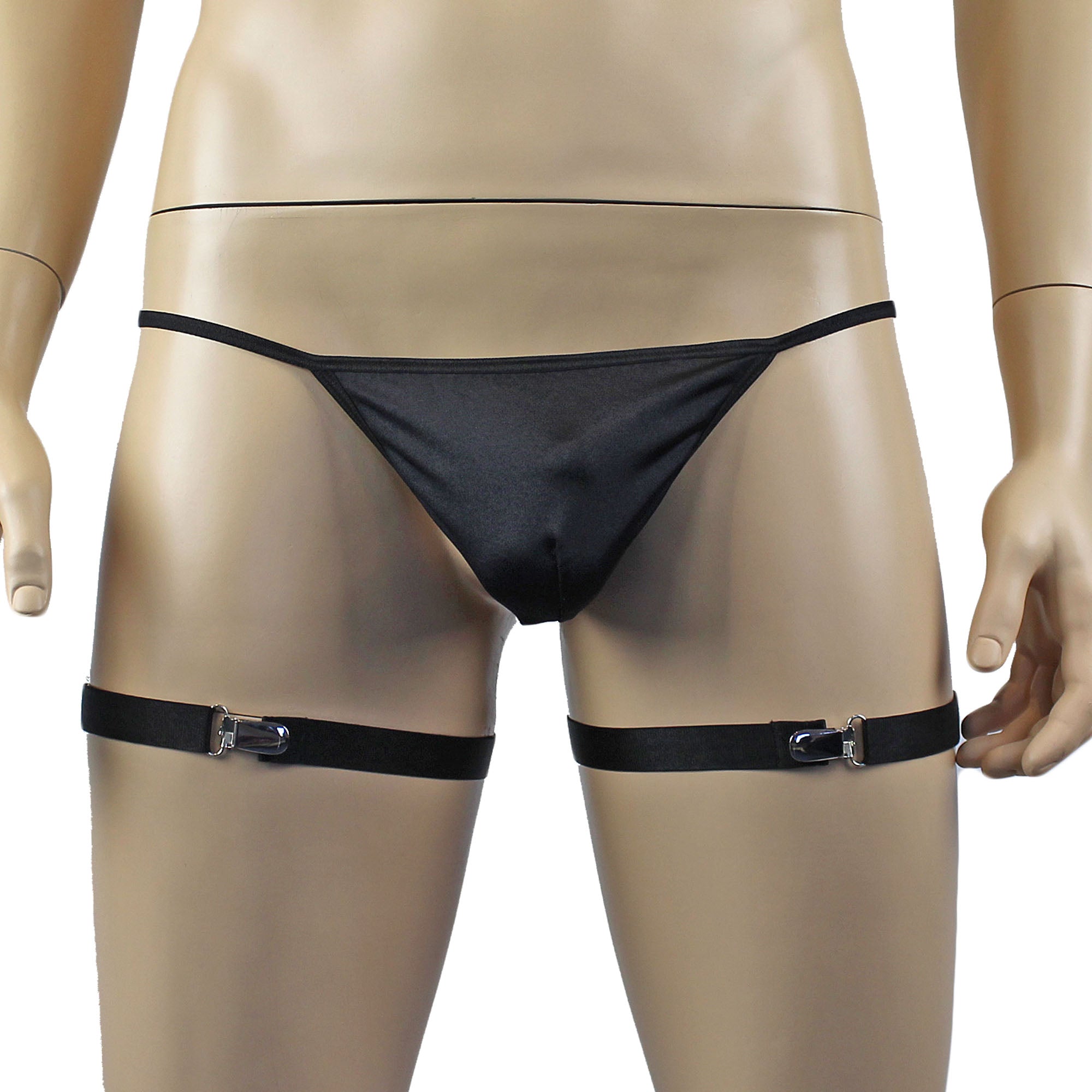 Mens Janice Thong with Adjustable Silver Clip Sides, Detachable Garters & Leg Bands Black